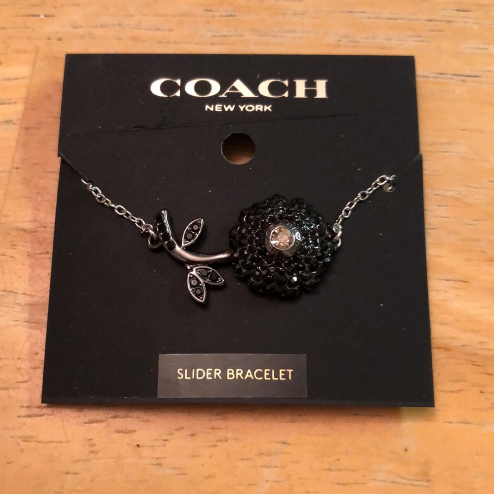 Coach Silver Tone Sparkling Black Daisy Slider Bracelet Crystal Accents NWT - Picture 2 of 11
